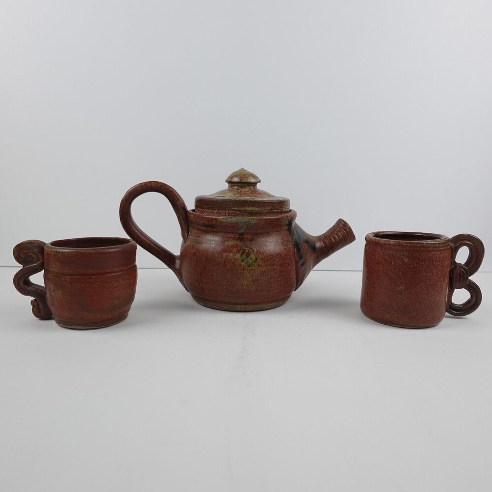 Artisan Studio Pottery Teapot Set with Two Mugs Signed Rustic Glazed